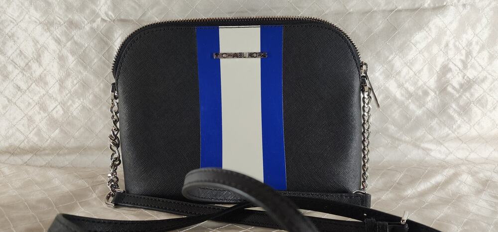 Michael Kors Jet Set Travel Dome Crossbody Black Saffiano Blue White Striperipe